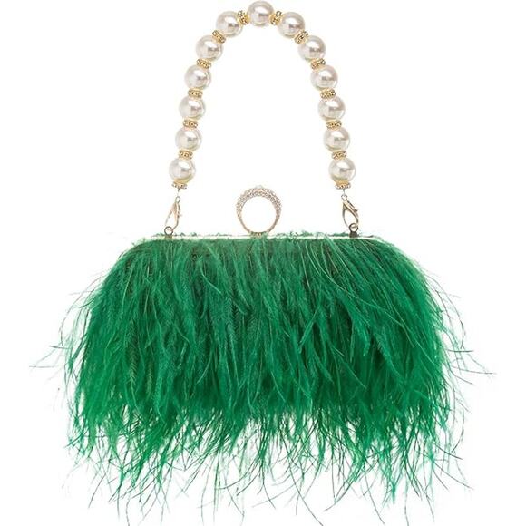 Unbranded Handbags - New Green Real Natural Ostrich Feather Pearl or Longer Handle Evening Bag Purse